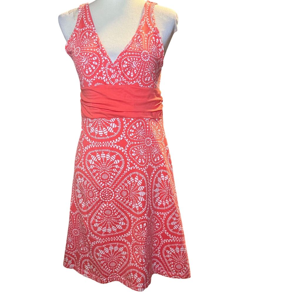 Patagonia Bandha Summer Sundress, Coral Pink Floral Geometric Print, Medium - Picture 2 of 9